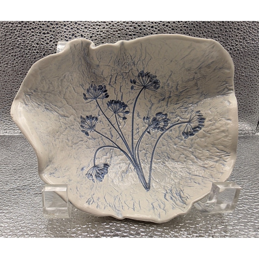 Vtg Art Pottery Handmade Jewelry Trinket Dish Bowl 'Dill' by Ellyn Cream/Blue